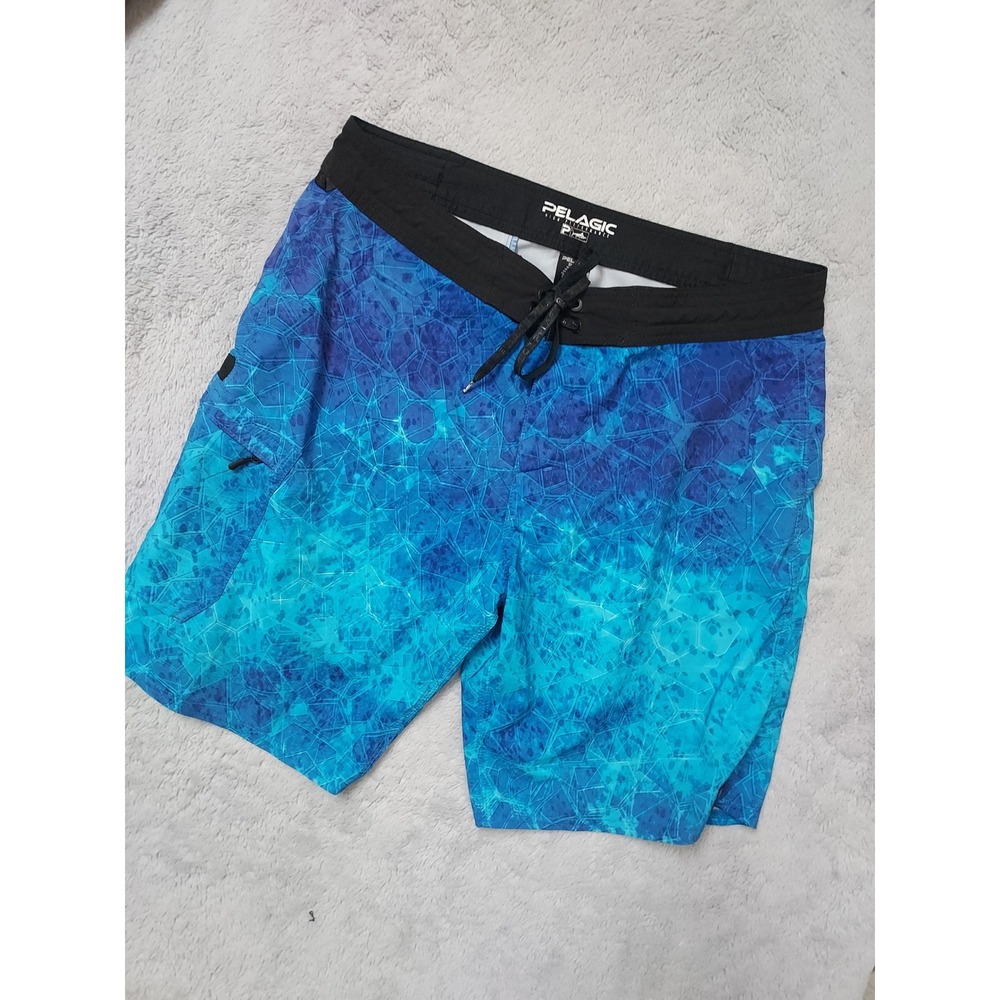 Pelagic Board Shorts Men Size 36 Fishing Swim Trunks Blue Aqua Geometric Surfing